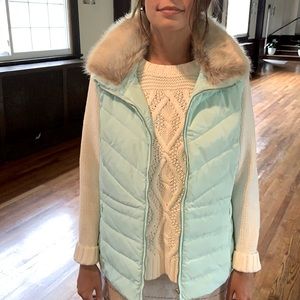 NWT Talbots Aqua Puffer Vest with faux fur trim